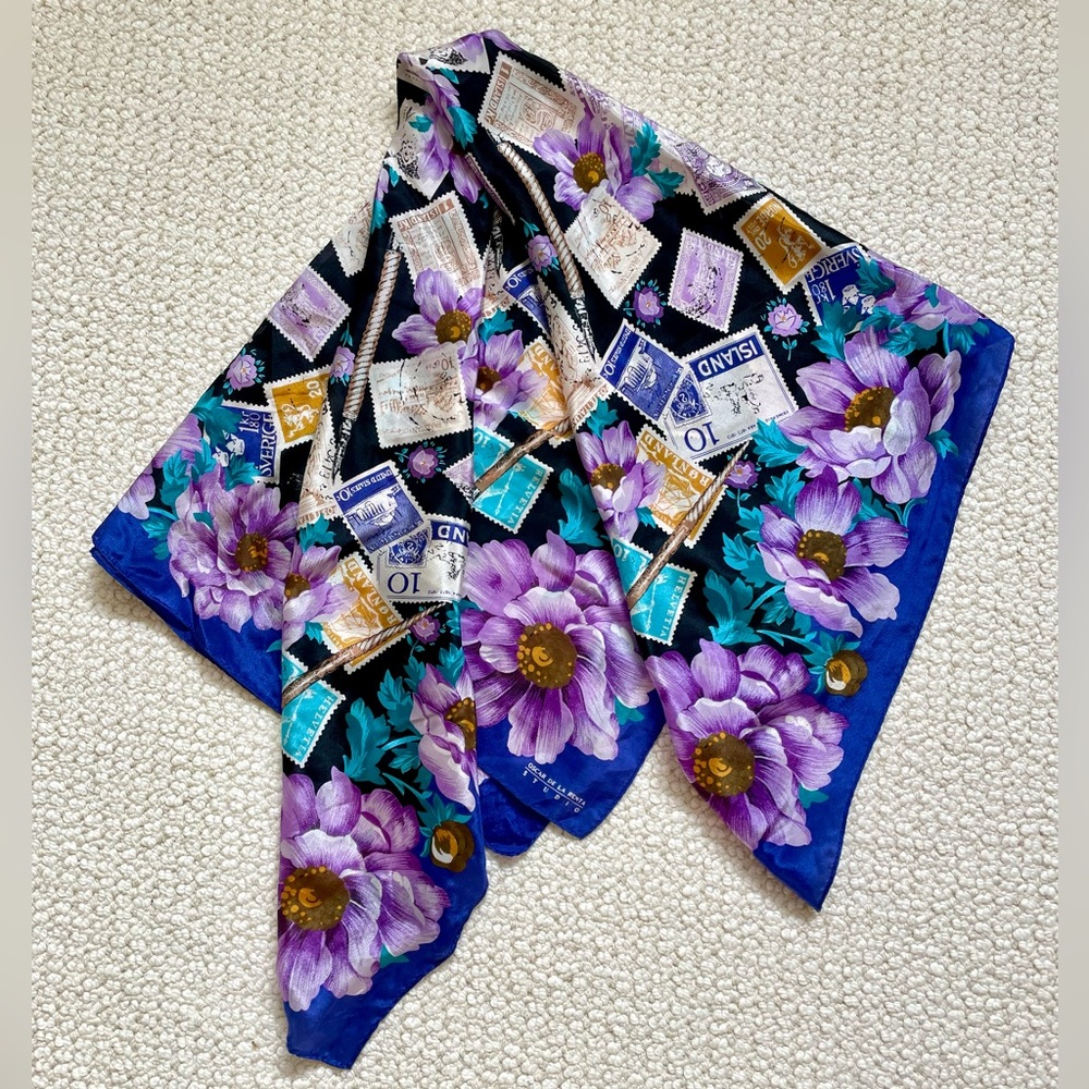 Oscar de la Renta | Vintage | Silk Scarf | Postage Stamp Floral Print